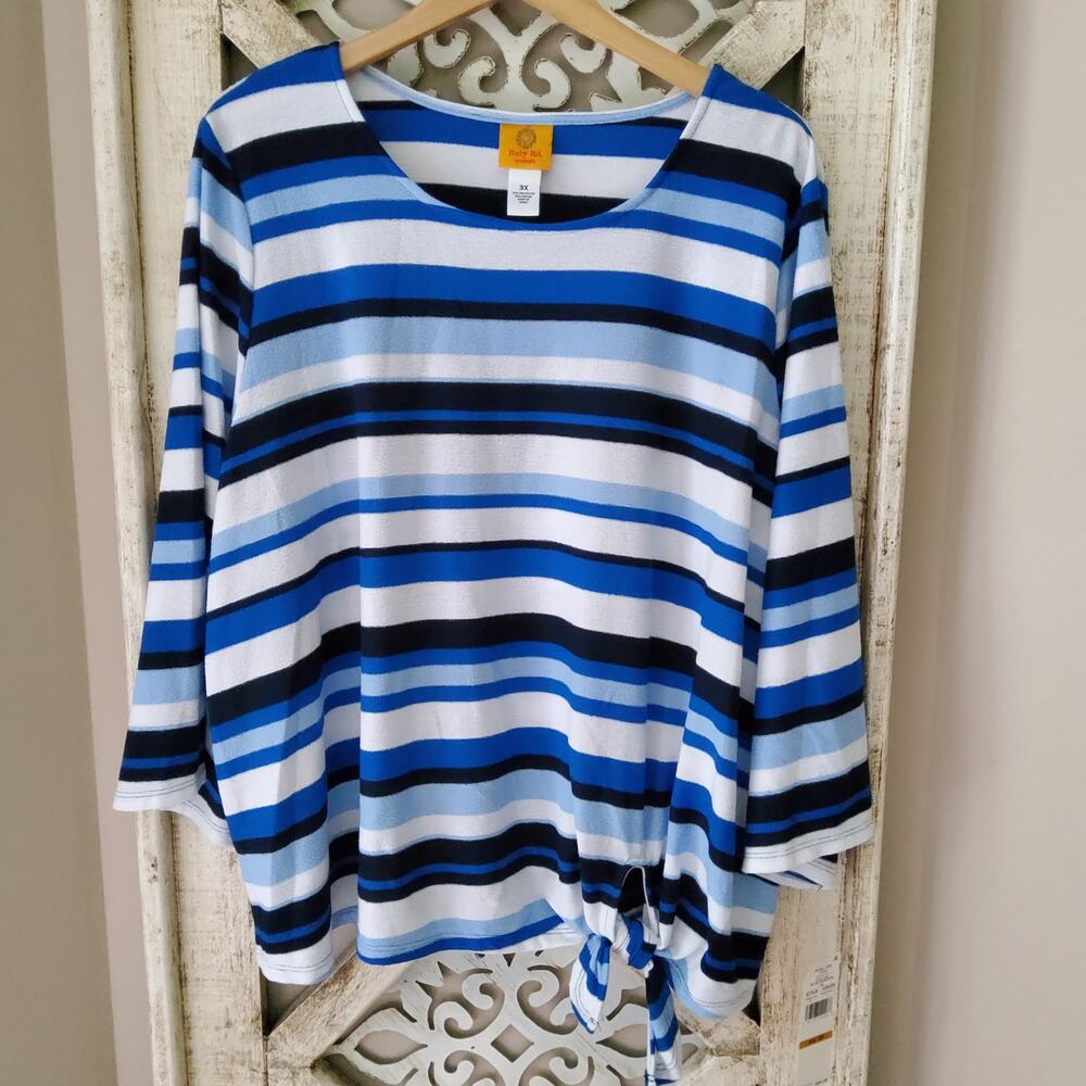 Ruby Rd Women's Plus 3X 3/4 Sleeve Side Tie Pullover Top in Blue White Stripe